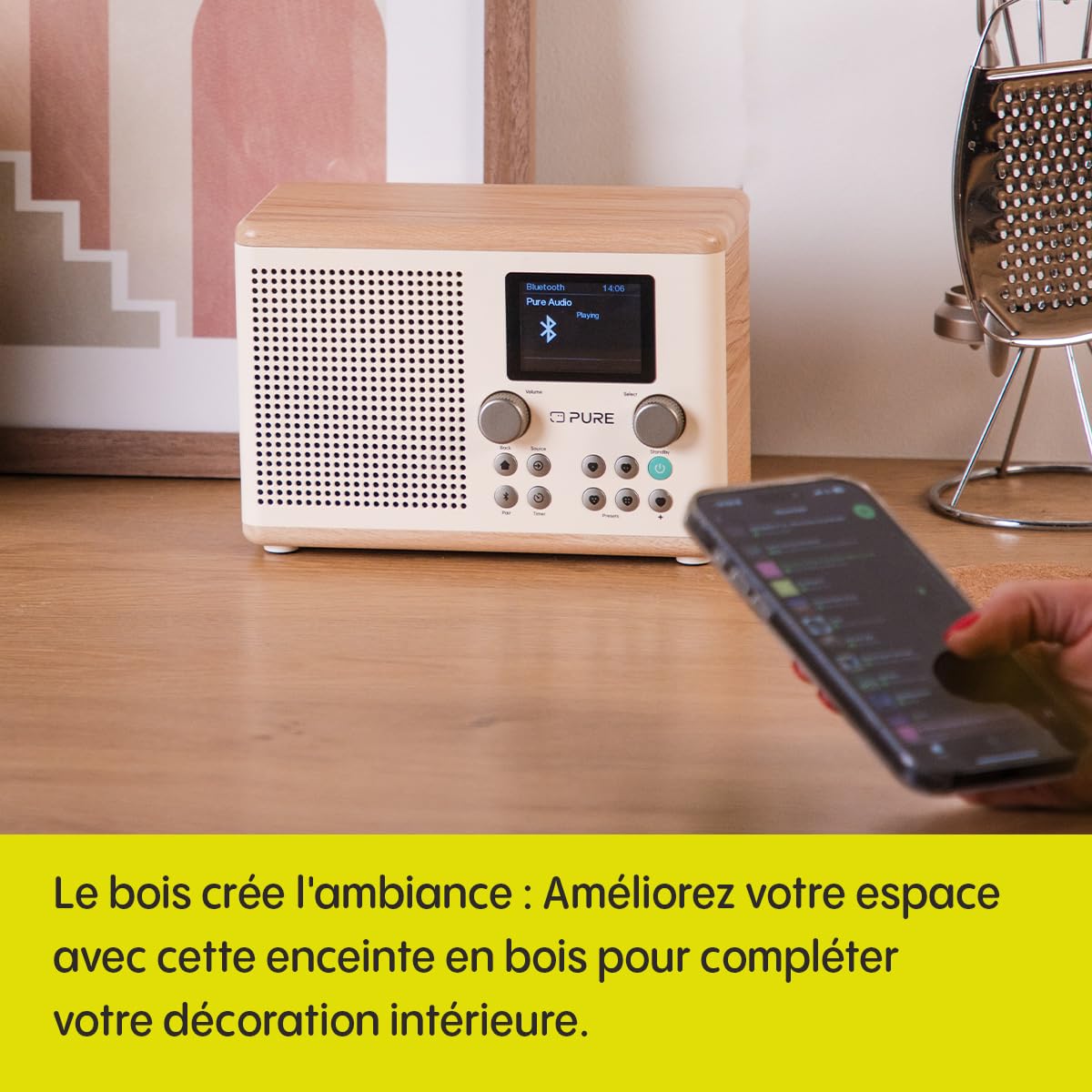 Pure Classic H4 Radio de Cuisine numérique (Dab+/FM, Bluetooth, USB, AUX, minuterie de Cuisine, Alarme), Blanc Coton/Chêne