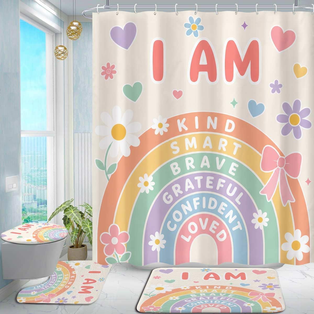 4 Pcs Girls Rainbow Bathroom Decor, Cute Colorful Flower Positive Inspirational Floral Shower Curtain Sets, with Non-Slip Rugs and Accessories, Shower Curtain with Hooks image 3