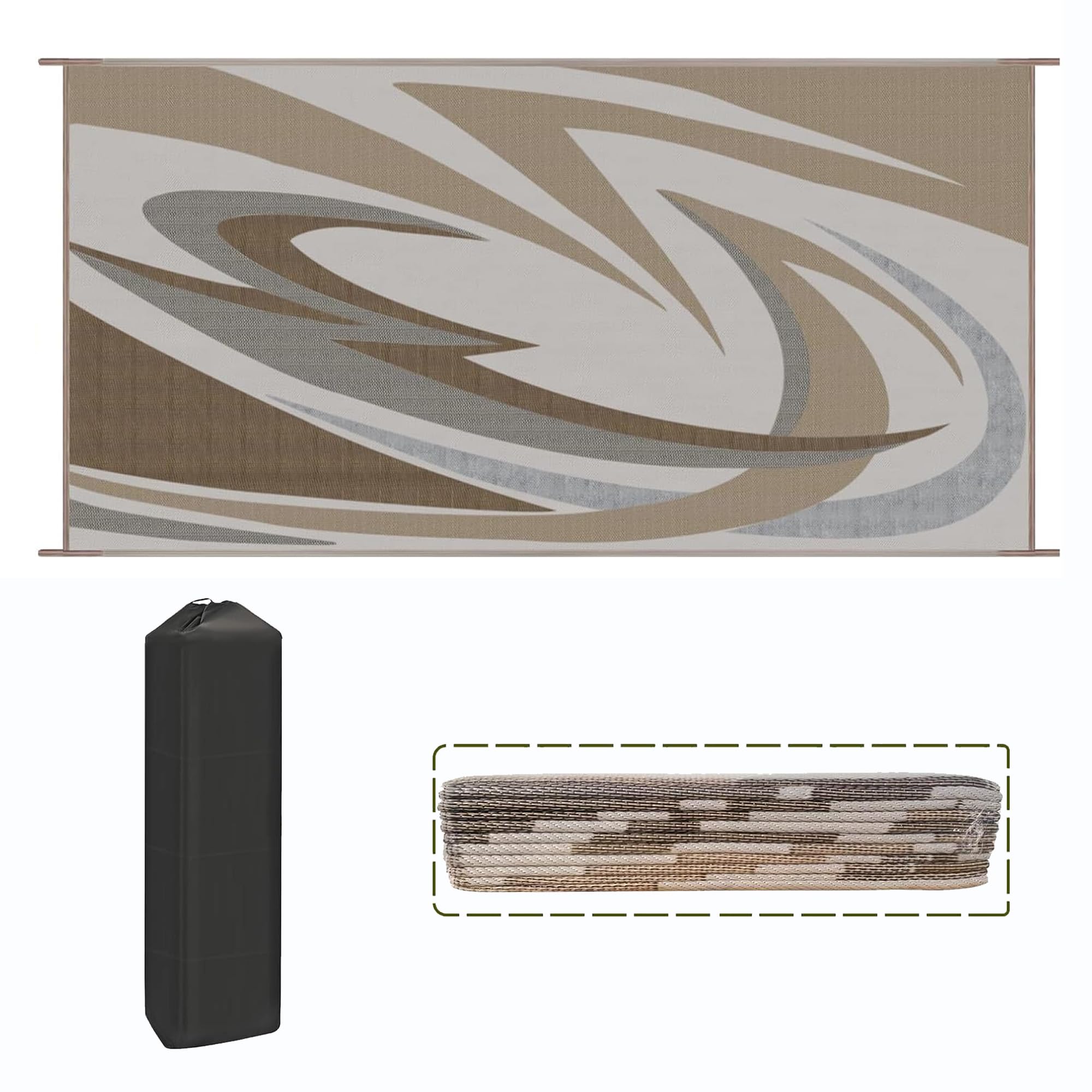 EEZ RV Products 9ft x 18ft Heavy Duty Reversible/Durable Outdoor Patio/RVing Camping Mats Come with Large Storage Bag & 6 Sets of Stakes and Washer,