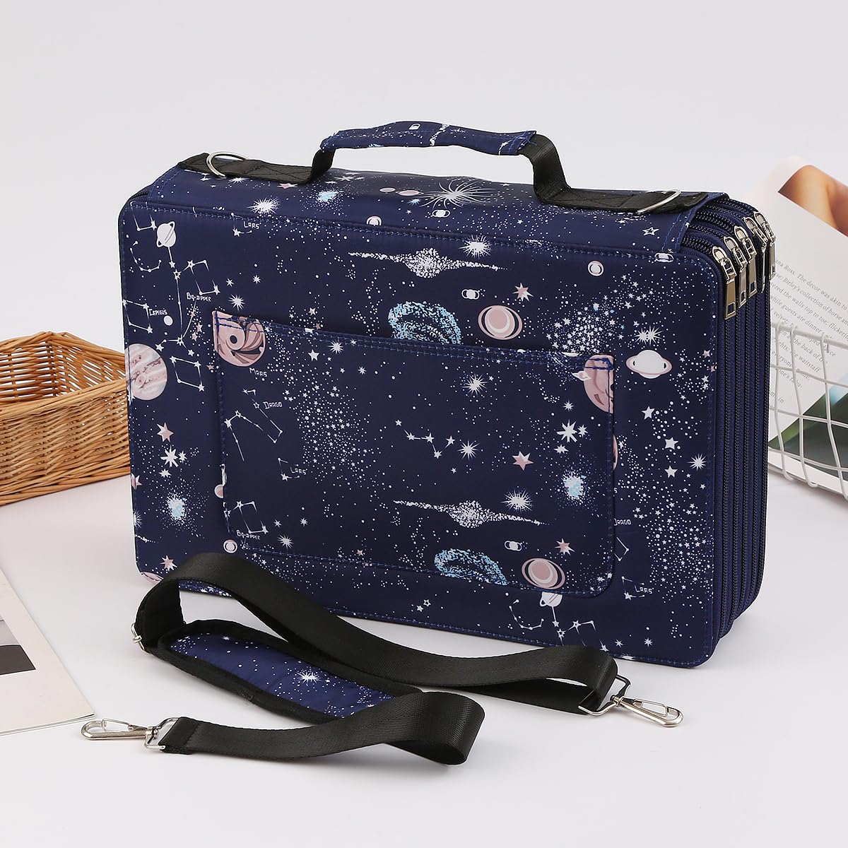 Lbxgap Organiseur de crayons de couleur avec fente individuelle avec fermeture éclair – Sac de rangement en tissu durable pour peintres et artistes (petits emplacements, bleu galaxie)