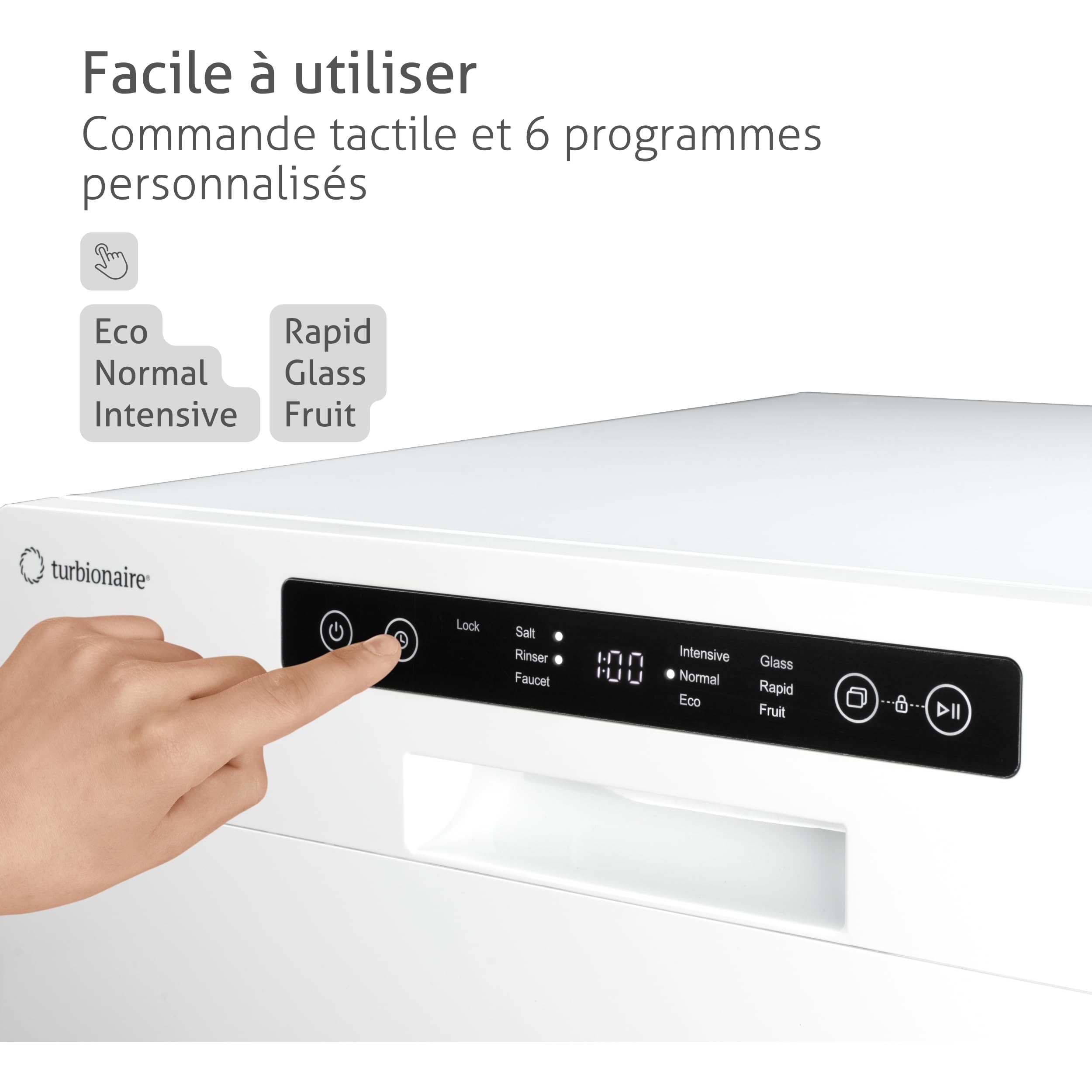 Lave-vaisselle compact Turbionaire AVA 6 TPDSAVA6CT, 6 couverts, 6 programmes, mode Éco, adoucisseur d’eau, lavage 360°, fonction Restart, 55 cm, Blanc