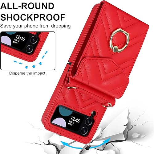 Miniatura 5 de Asuwish Funda de teléfono para Samsung Galaxy Z Flip 3 5G 2021 con anillo de bloqueo RFID, correa de muñeca cruzada, soporte para tarjeta de