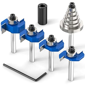 4Pcs Rabbet Router Bit 1/4" Shank with 6 Bearings Set - 1/16", 3/16", 1/4", 5/16", 3/8", 7/16". Interchangeable Bearings with 1/2" to 1/4" Router Collett