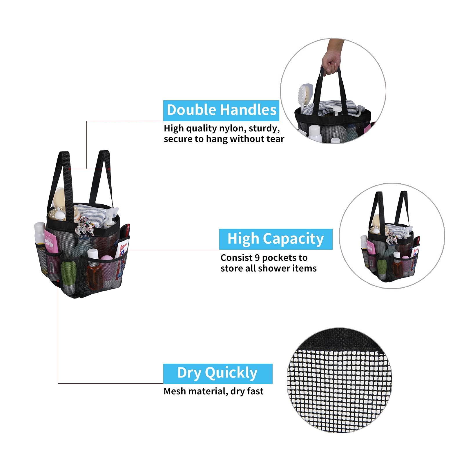 Panier Salle De Bain Panier Douche Maille Noir - 8 Poches - Séchage Rapide - Transport Facile Sac Douche Nylon 8 Poches Séchage Rapide Sport Voyage