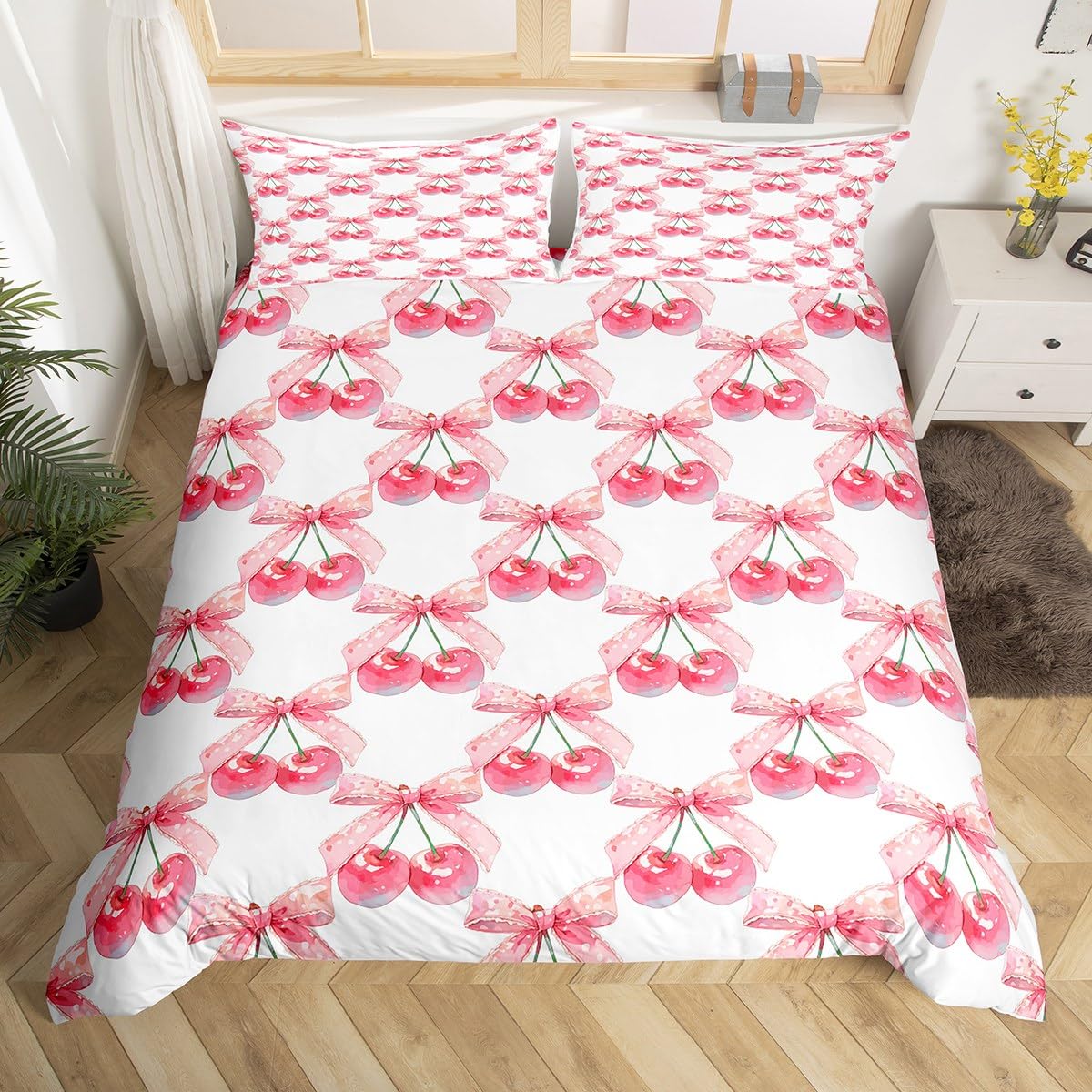 Loussiesd Kids Cherry Bows Bedding Set Single Size Cute Bowknot For Boys Girls Teens Bedroom Decor Coquette Bows Duvet Cover Dreamy Princess Style Breathable Soft Lightweight Microfiber 2 Pcs