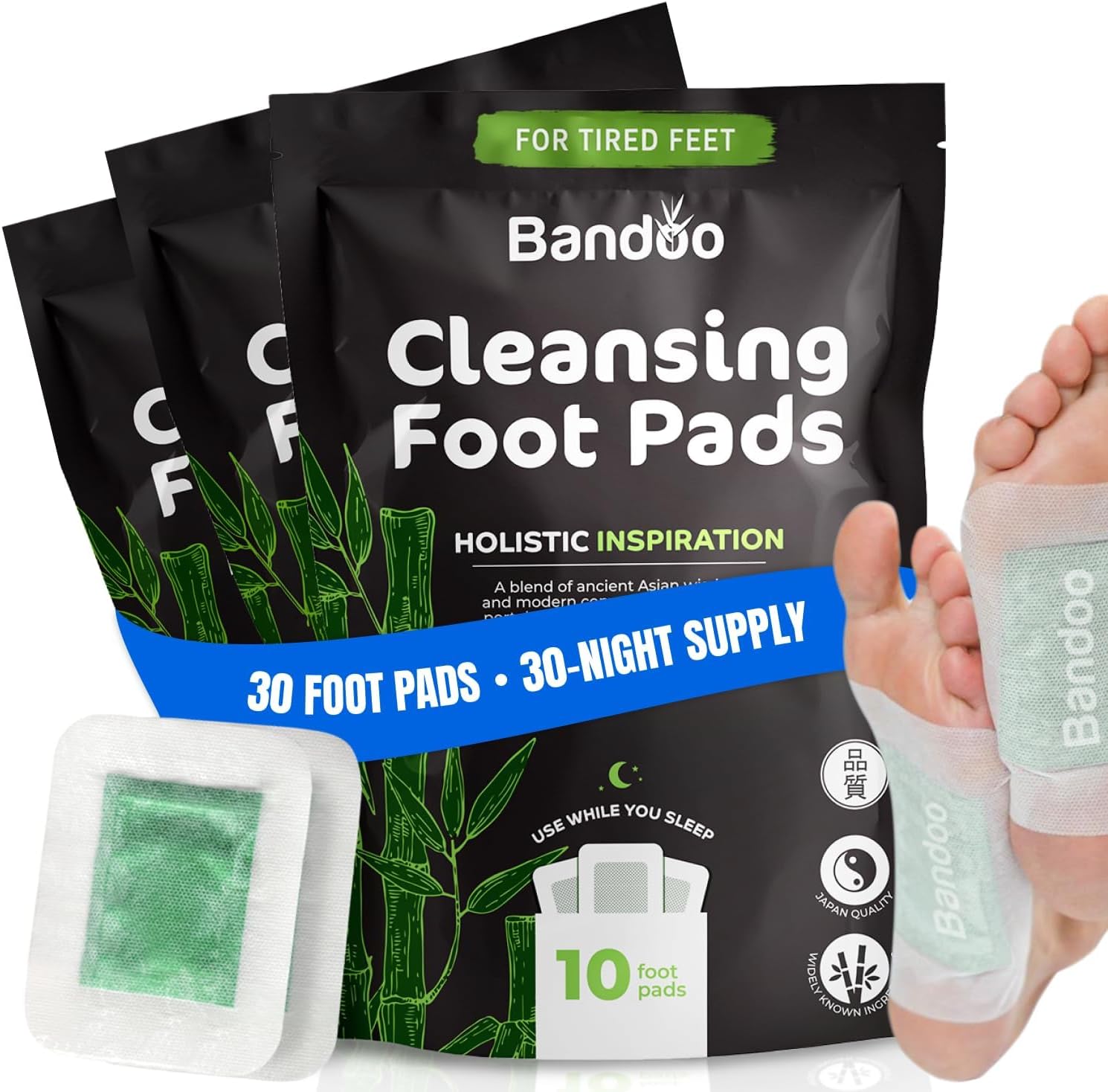 Bandoo Foot Pads – Premium Natural Bamboo Vinegar & Tourmaline Material, Japanese Foot Care for Men & Women - 30 Count