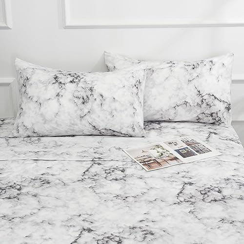 Juego de sábanas de 4 piezas, tamaño matrimonial, juego de sábanas de microfibra suave y duradera, bolsillo profundo, resistente a las manchas, la