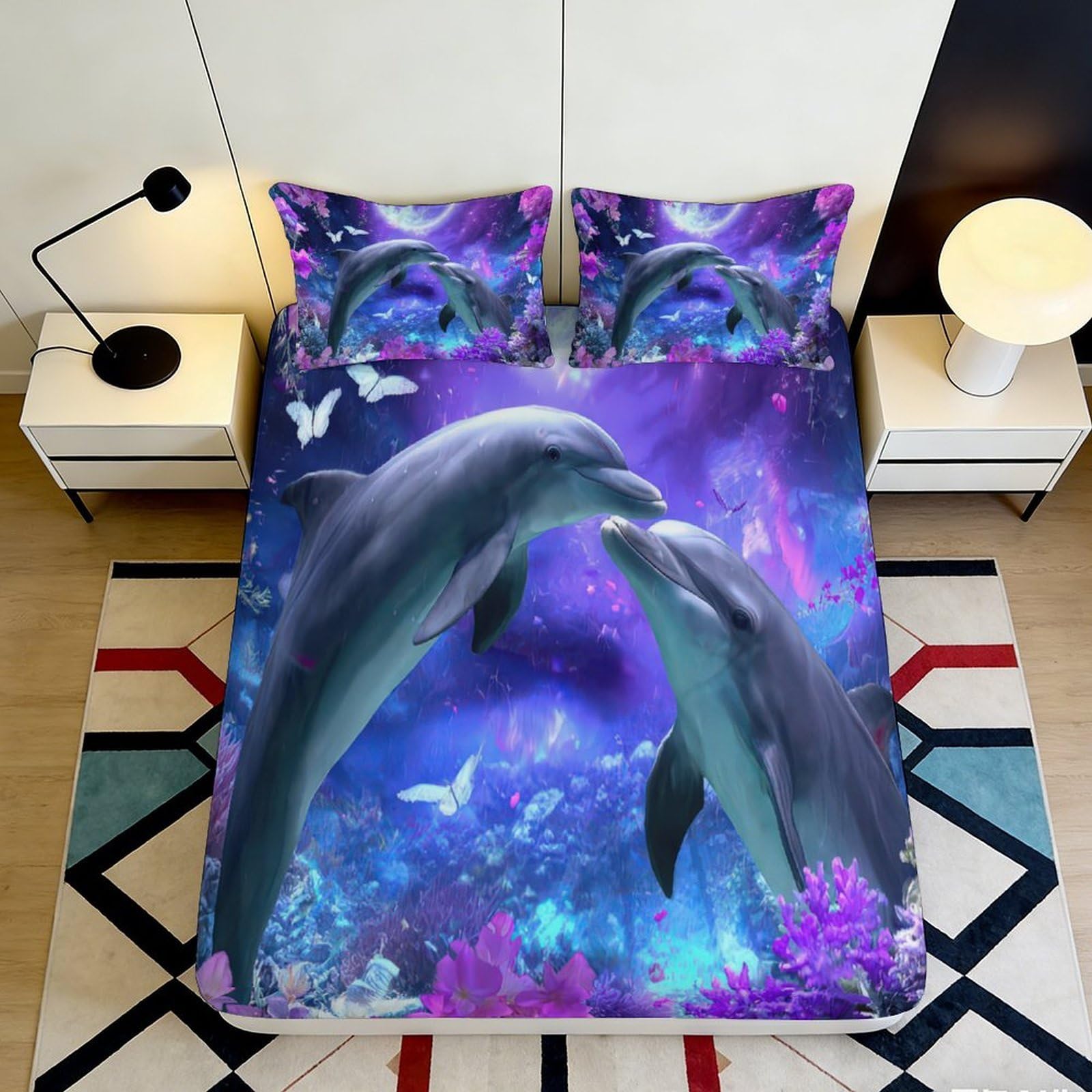 3D Printed Dolphin Ocean Fitted Sheet Microfiber Soft Non-Slip Underwater Fantasy Mattress Cover Bedroom Decor 140x200x25cm