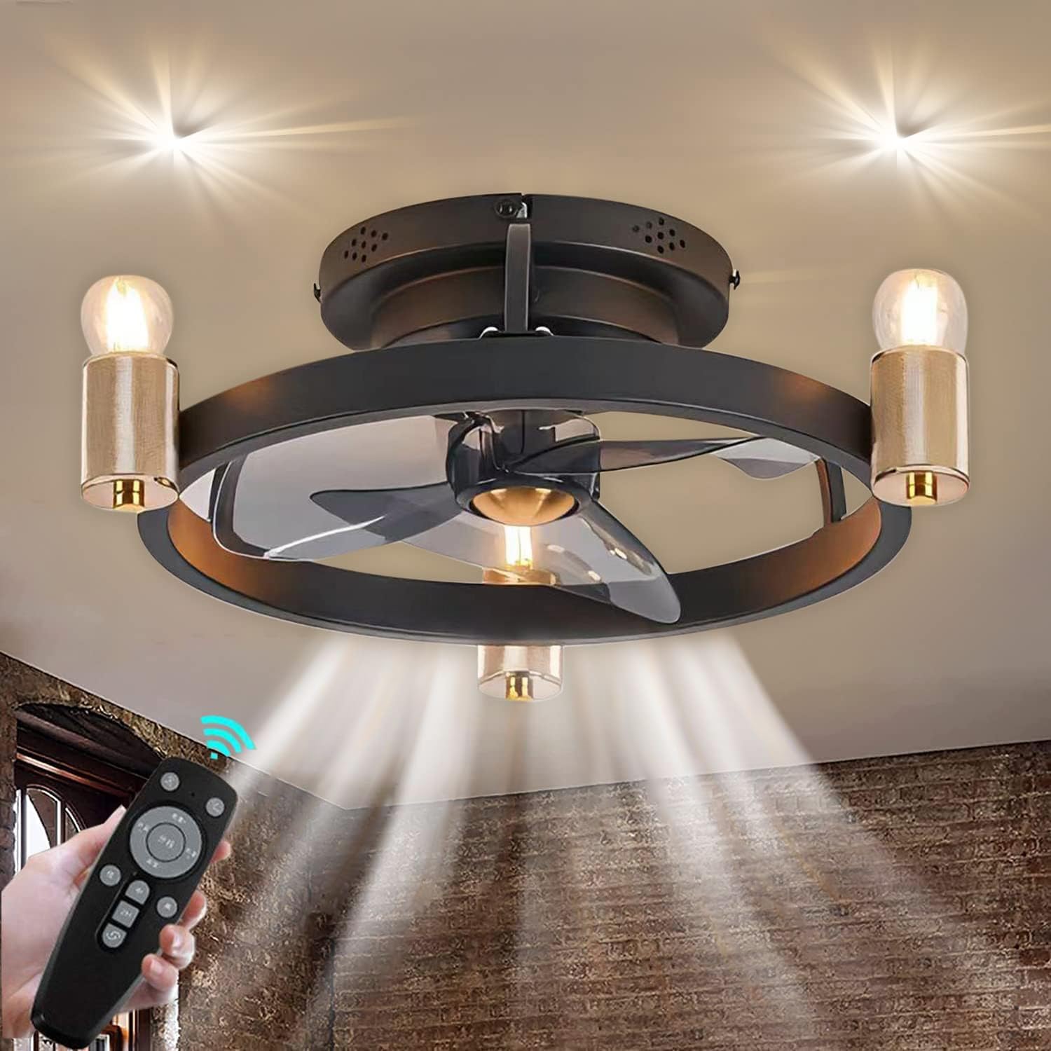 LED Ventilatore A Soffitto con Luce e Telecomando Vintage Fan Plafoniera E27 Nero Lampada da soffitto con Silenzioso Ventilatore Metallo Gabbia Illuminazione per Cucina,Camera da letto,sala da pranzo