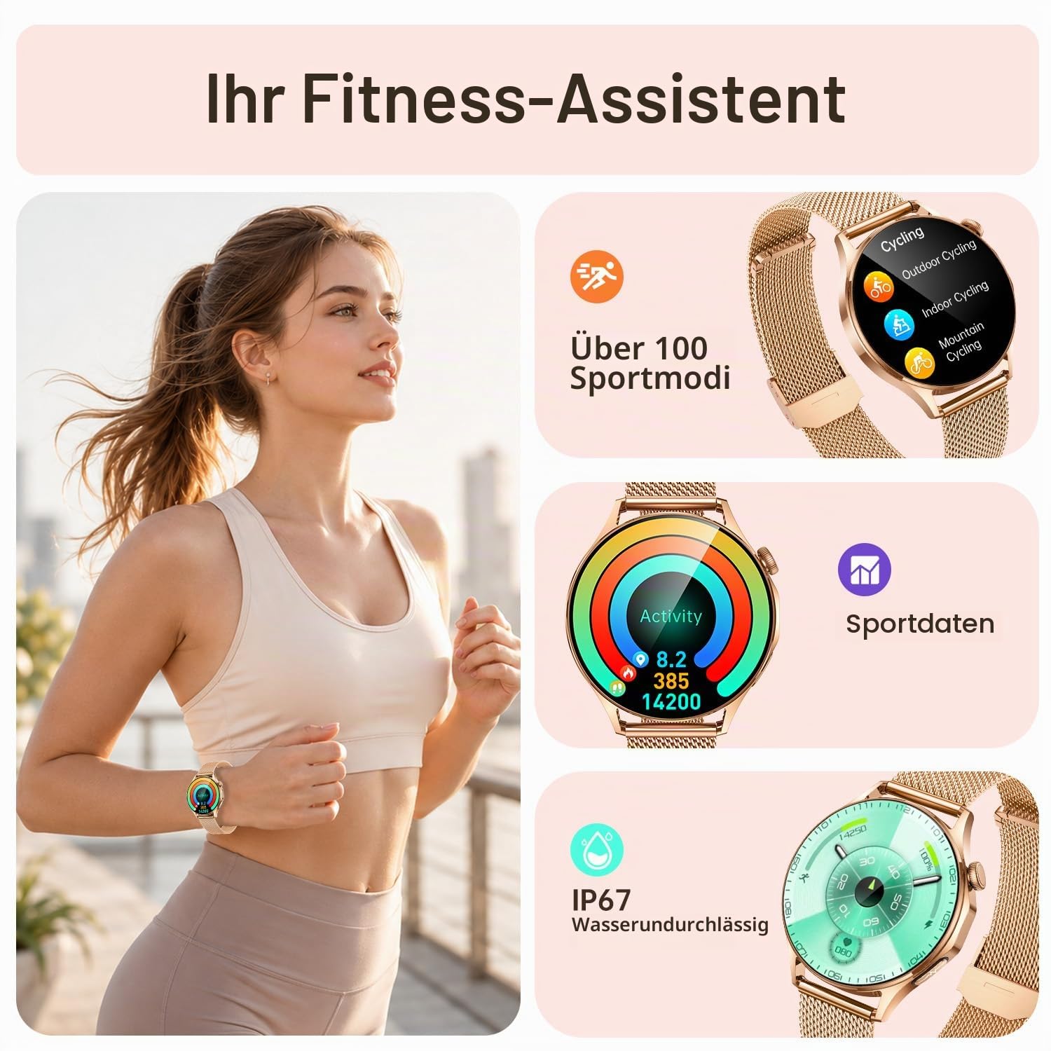 Smartwatch Damen mit EKG HRV Blutdruck: Damenuhr ECG PPG Smart Watch Uhr 1,32" Rund AMOLED Armbanduhr IP67 Wasserdicht Herzfrequenz Schrittzähler Telefonfunktion Digital Fitnessuhr für Android iOS