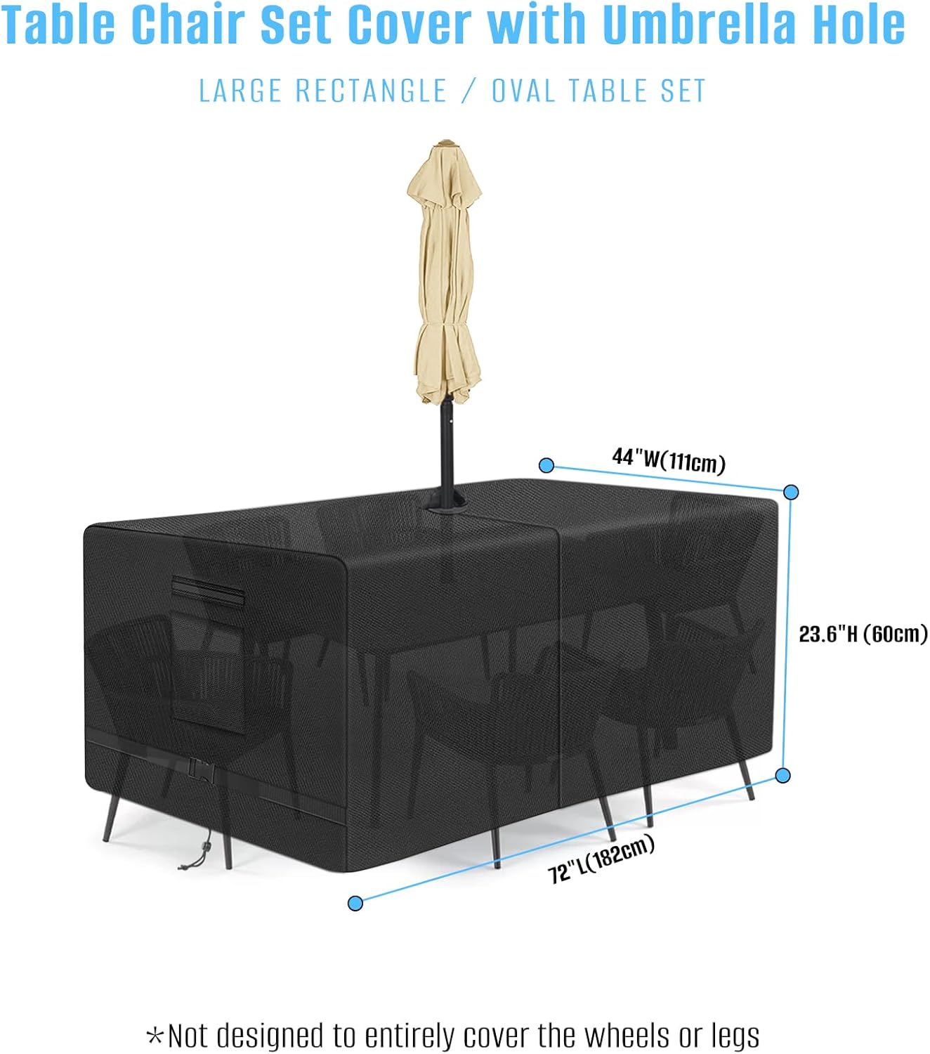 SIRUITON Rectangle Patio Table Cover with Umbrella Hole 72" L X 44" W X 23.6" H (COVER SIZE，NOT TABLE SIZE) Heavy Duty 600D Oxford Fabric Outdoor Waterproof Lawn Patio Furniture Covers