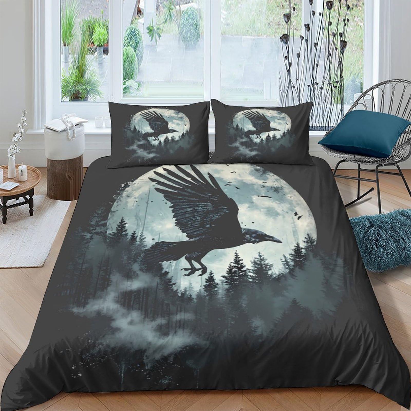 Ctjqhvkz Style-7 3D Printed Raven Moon Fitted Sheet Microfiber Soft Dark Forest Bed Cover For Bedroom Guest Room Decor Single（135X200cm）