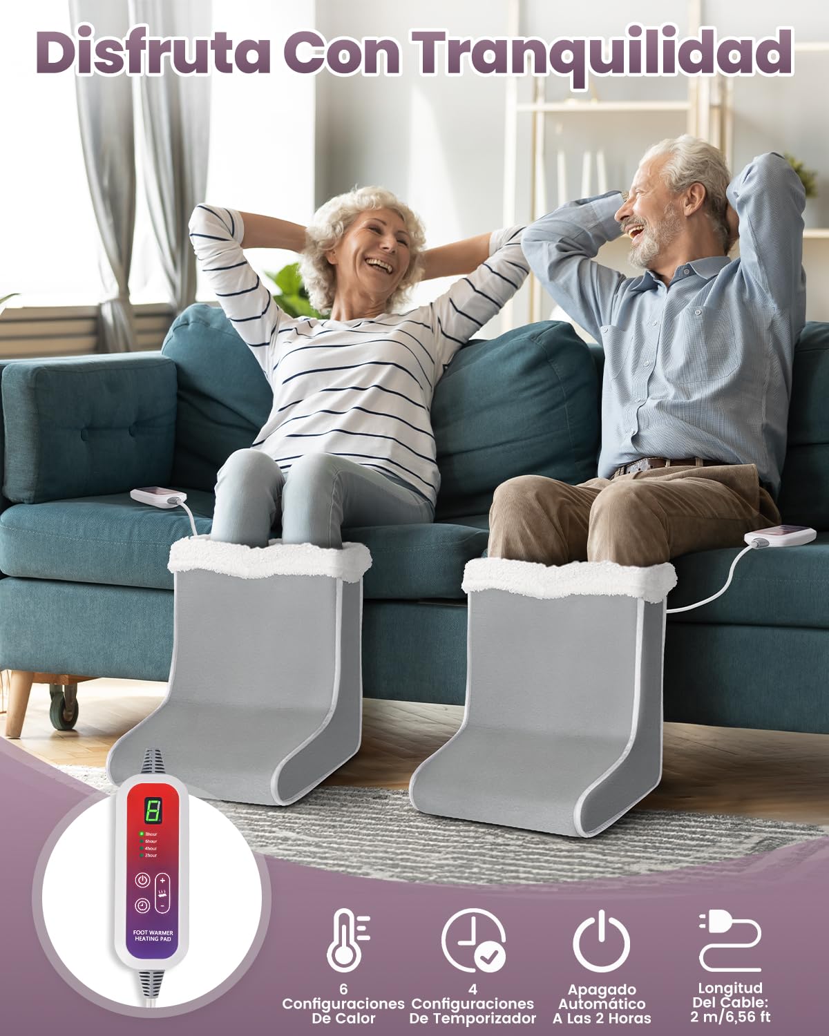 Qfun Calienta Pies Electrico, Calentamiento Rápido Calentador de Pies con 6 Niveles de Temperatura y 4 Temporizadore, Calientapiés Casa para Adultos con Forro Extraíble y Lavable, Apagado Automático