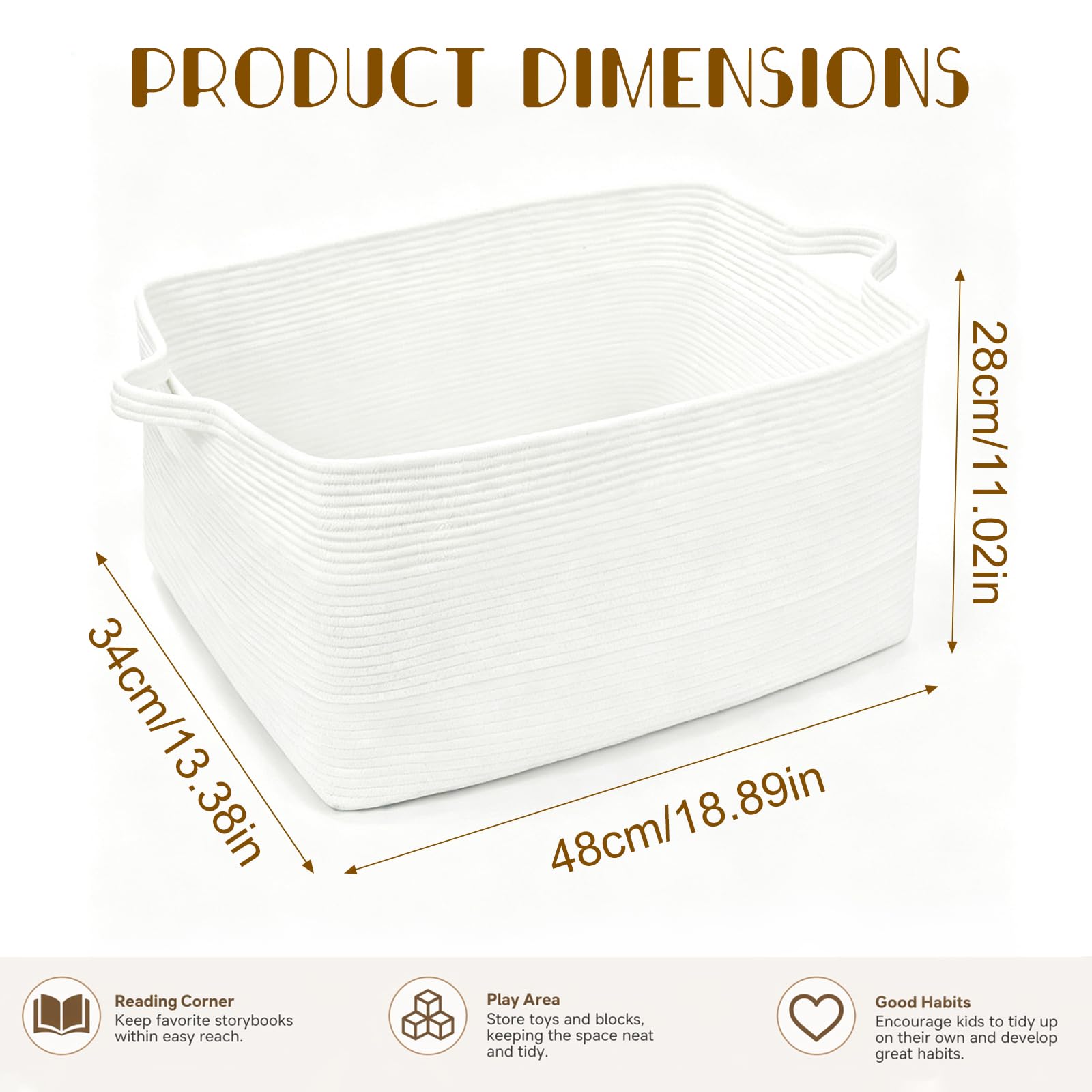 Cesto Portabiancheria in Corda Intrecciata 50L, Cesta Portabiancheria con Manici per Coperte, Giocattoli, Peluche, Vestiti, 46 x 36 x 30 cm (Bianco)