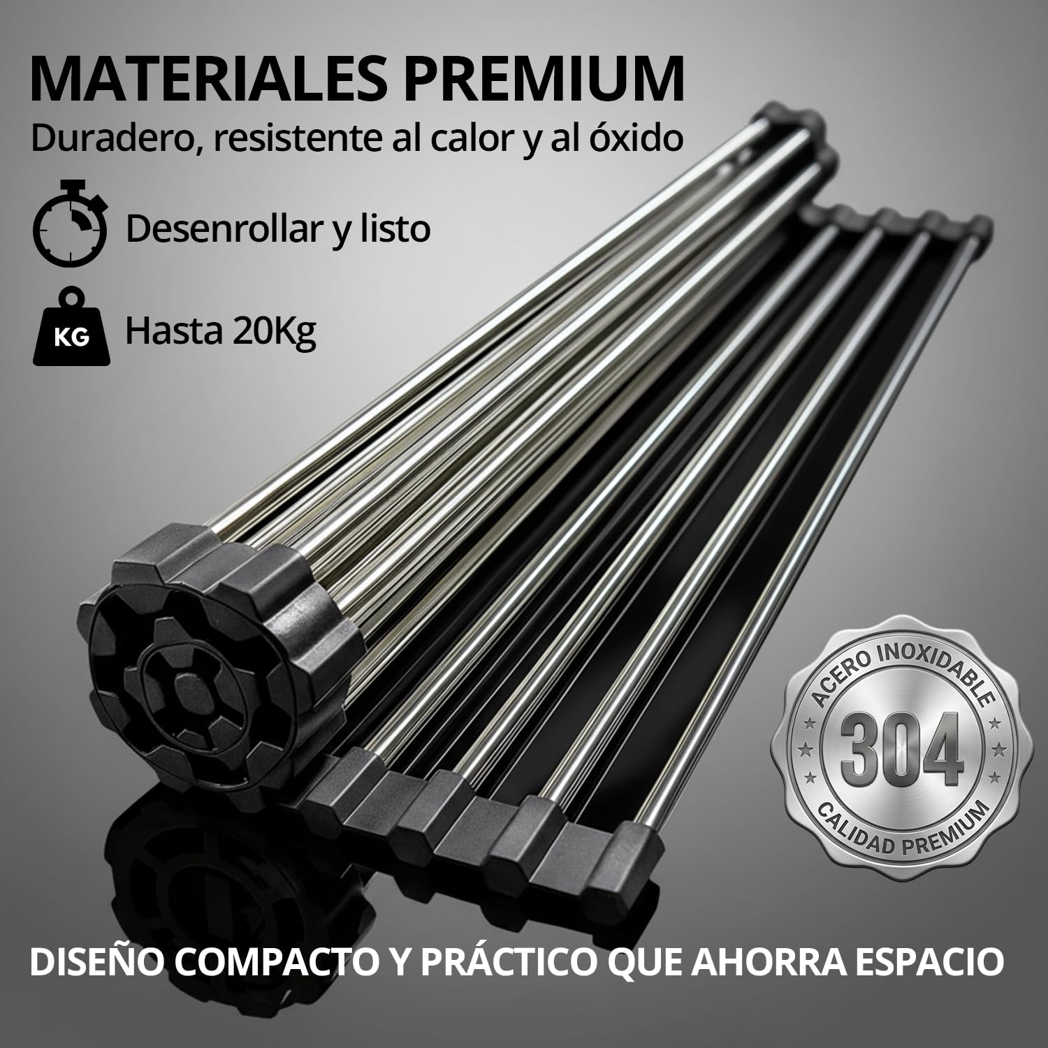 Escurreplatos sobre Fregadero + Soporte Estropajo, Escurridor de Platos y Verduras para Fregadero Plegable y Enrollable (43x35cm), Acero Inoxidable SUS 304 y Silicona, Base Resistente al Calor