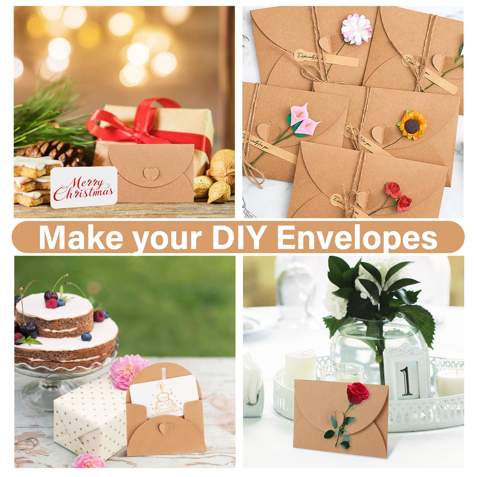 Buste di Carta Kraft 10x7 cm con Chiusura a Cuore, 100 Pezzi per Carte Regalo Fai da Te