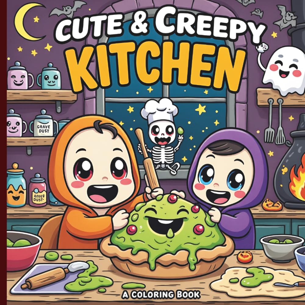 Cute & Creepy Kitchen: A Bold and Easy Coloring Book for Kids: 50 Kawaii Spooky Illustrations of Adorable Monsters, Haunted Treats, and Cozy Whimsical Baking