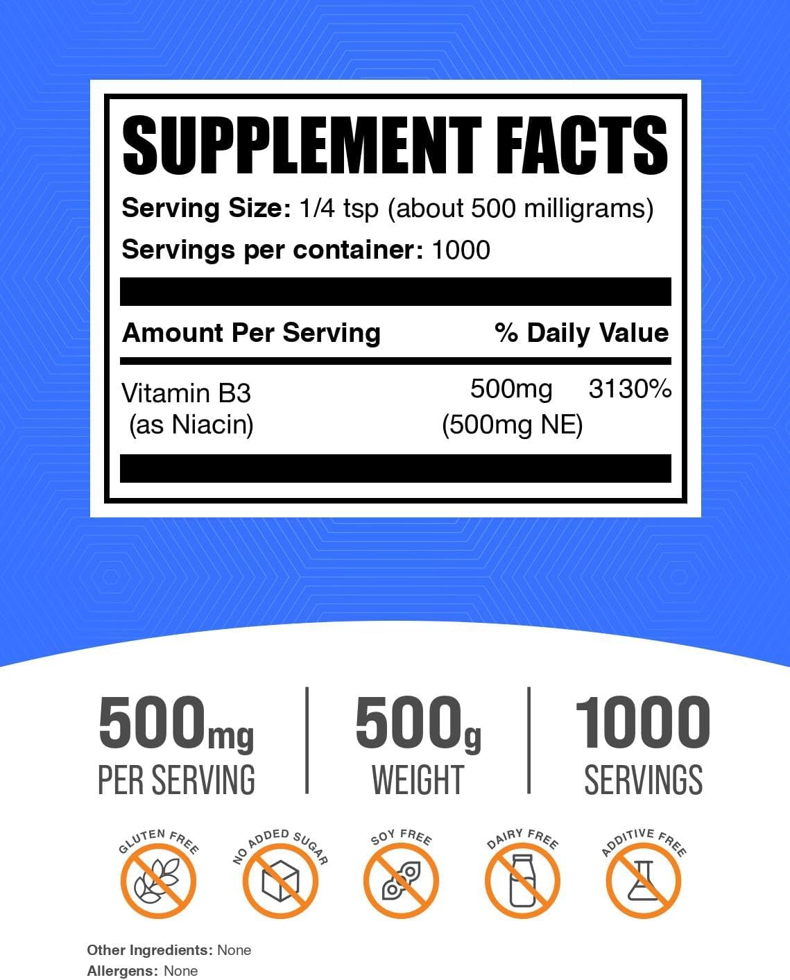 BulkSupplements.com Niacin Powder - Vitamin B3 Supplement, Niacin 500mg - Niacin Flush, Niacin with Flushing - Gluten Free, 500mg of Niacin per Serving, 500g (1.1 lbs) (Pack of 1)