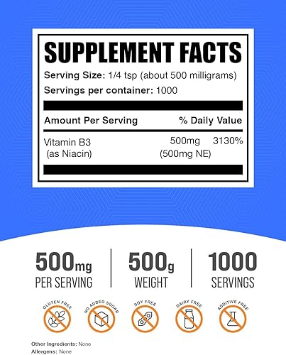 Miniatura 9 de BulkSupplementscom Niacina con enjuague vitamina B3 - Polvo de niacina - Niacina 500 mg - Polvo de niacina - Vitamina B3 niacina - Suplemento de