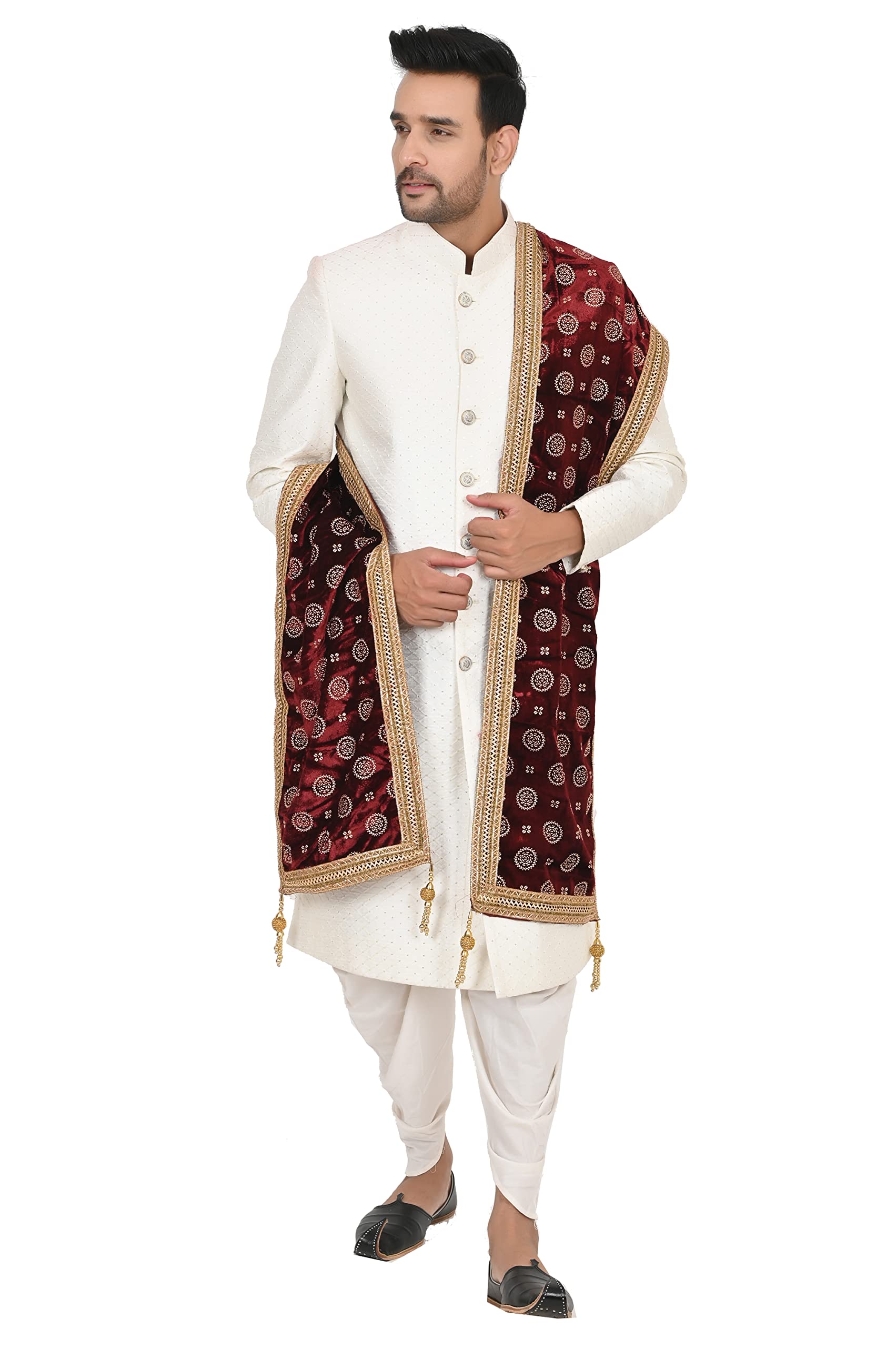 Men's Velvet Polka Gold Print Sherwani Dupatta with Tassels (Maroon,Free Size)