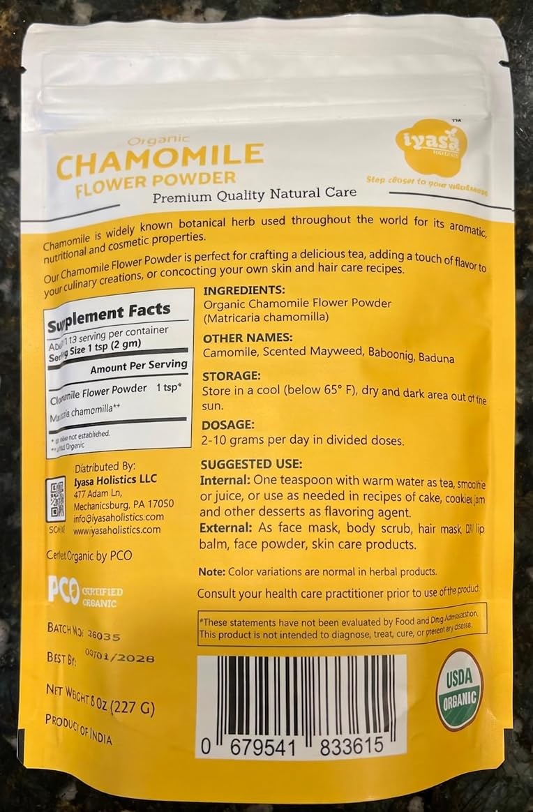 Iyasa Holistics Organic Chamomile Flowers Powder 8oz - Chamomile Tea Organic Food Grade - Baking, Cooking & Cold Drinks - DIY Face Masks, Skin & Hair Care - USDA Organic Powder — Amazon image 2