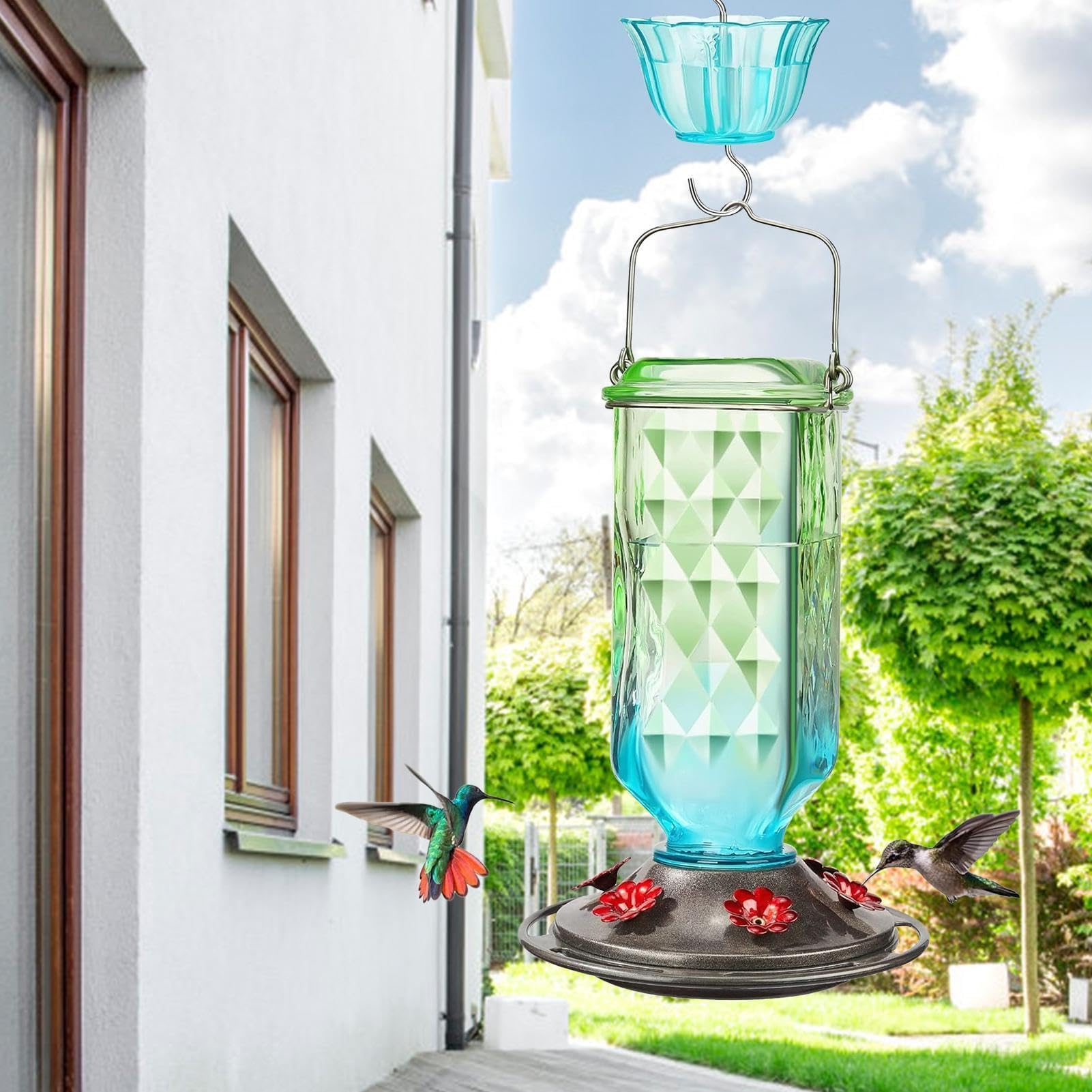 Karmnik dla ptaków do zawieszenia na zewnątrz, Wielokolorowy, wiszący karmnik dla kolibrów do użytku na zewnątrz, z wbudowaną fosą dla mrówek i szczelnym zamknięciem(Green and blue)
