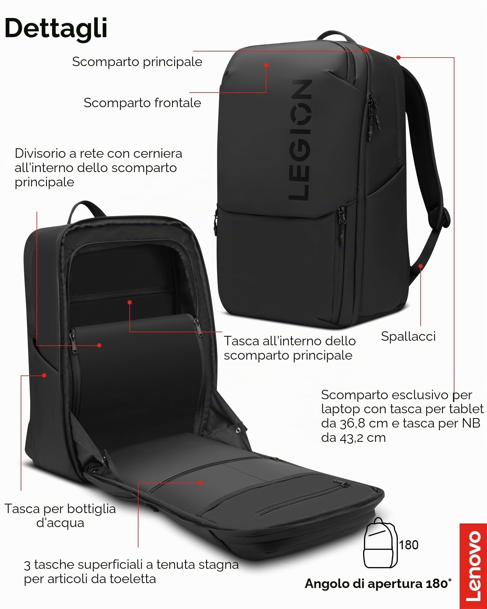 Lenovo - Zaino Gaming Legion 17" GB800 (impermeabile, capacità fino a 21 litri, apertura a 180°, tasche per computer, tablet, bottiglie d'acqua, cinghie ergonomiche) - Colore nero