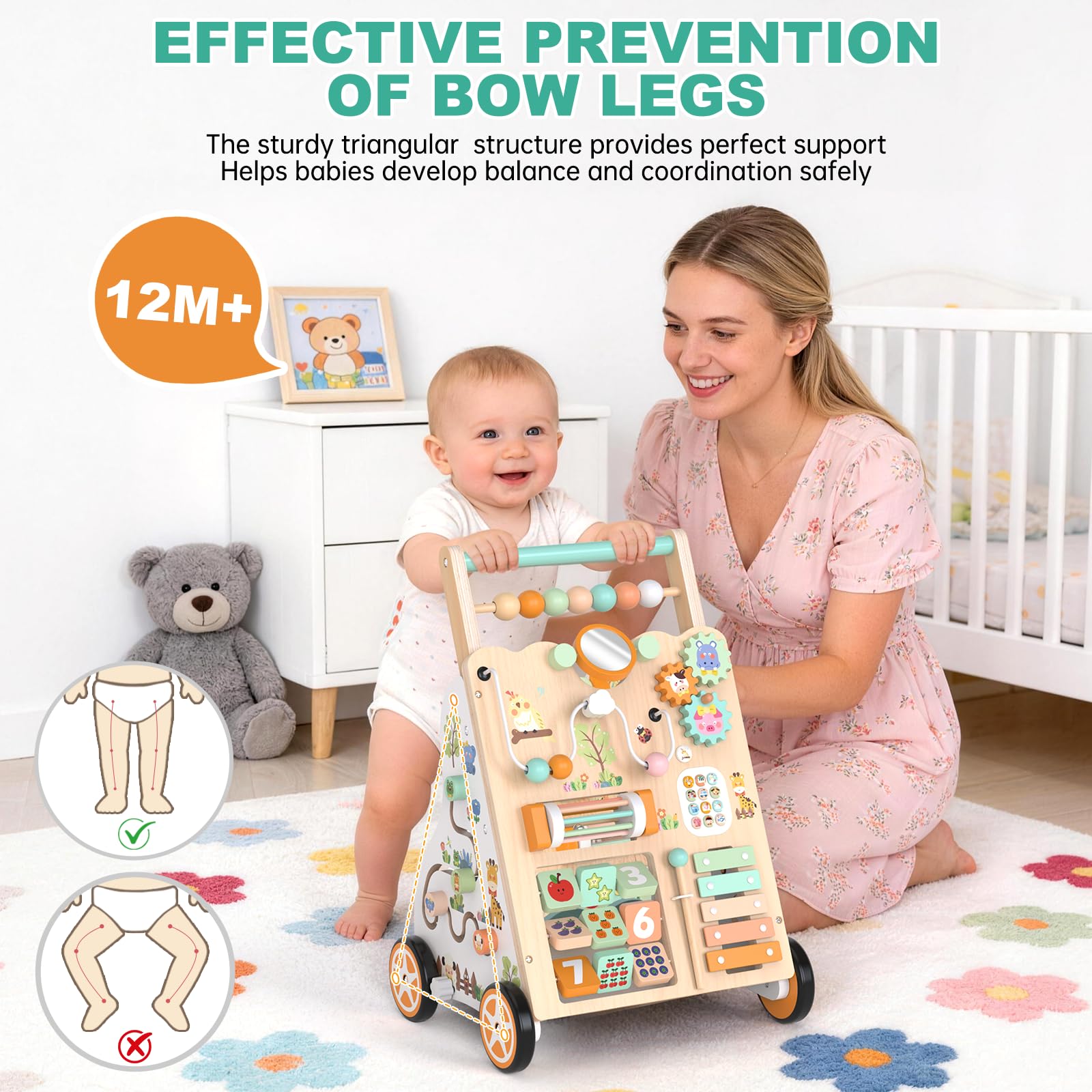 Andador de madera para niños 12+ meses, caminador Montessori con centro de actividades, laberinto de cuentas, clasificador de formas, xilófono y juego de pesca, altura y velocidad ajustables