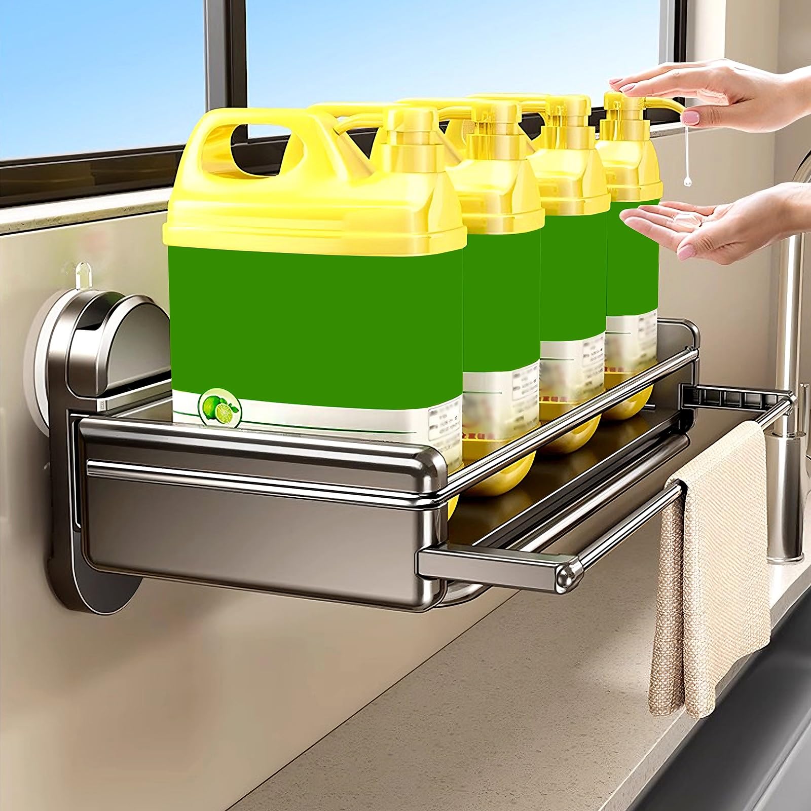 Kleiner Spülbecken Organizer mit Saugnapf Küchenorganizer mit Ausziehbarer Aufhängestange und Abtropfschale Schwammhalter Spülbecken aus Karbonstahl für Küche, Bad, Balkon(White)