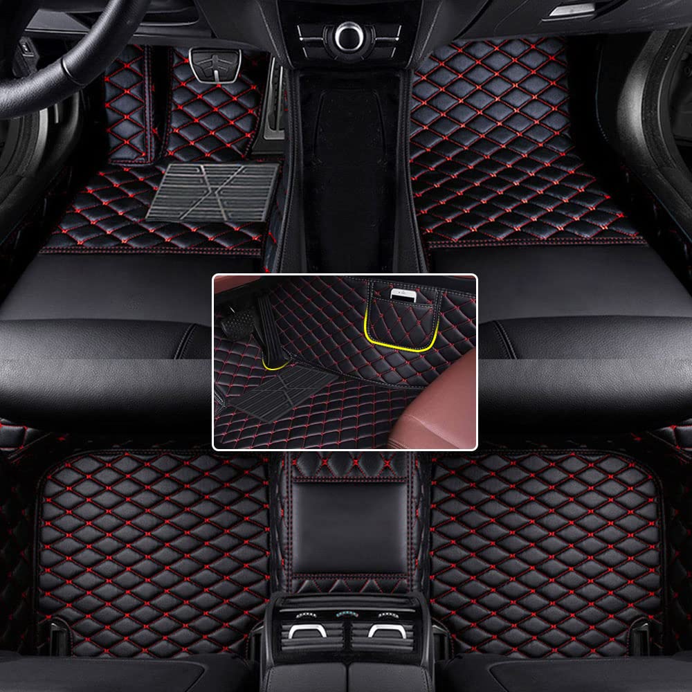 Tappetini per Auto Personalizzati per Adattarsi 98% Modelli di Auto, Tappetino per Auto Impermeabili in Pelle per Tutte le Stagioni, Tappetini per Auto Antiscivolo(Nero rosso)