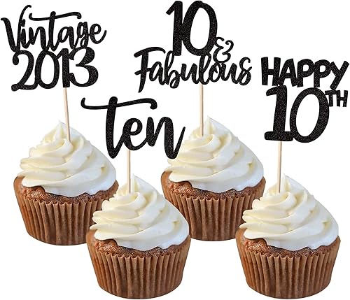 Paquete de 24 adornos vintage para cupcakes 2013 con purpurina de diez felices 10 magdalenas, decoraciones para pasteles de cumpleaños de 10 años,