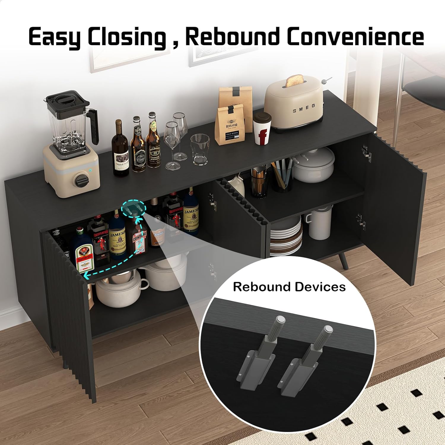 59" Fluted Sideboard Buffet Cabinet with Raised Legs, 4-Door Kitchen Storage Credenza with Adjustable Shelves, Robot Vacuum Friendly Console Table for Living Room Dining Room Hallway, Black
