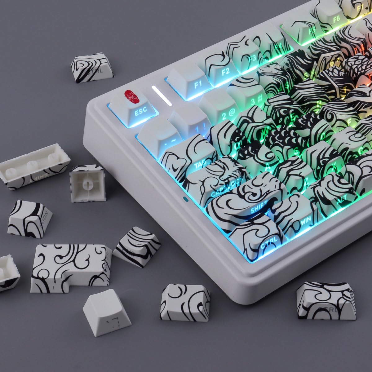 Sunzit PBT Keycaps, 138 teclas, color blanco, perfil de cereza, juego de teclas con barra espaciadora de 6,5 U, diseño de dragón, teclas personalizadas para MX Switches mecánicos, teclado de gaming