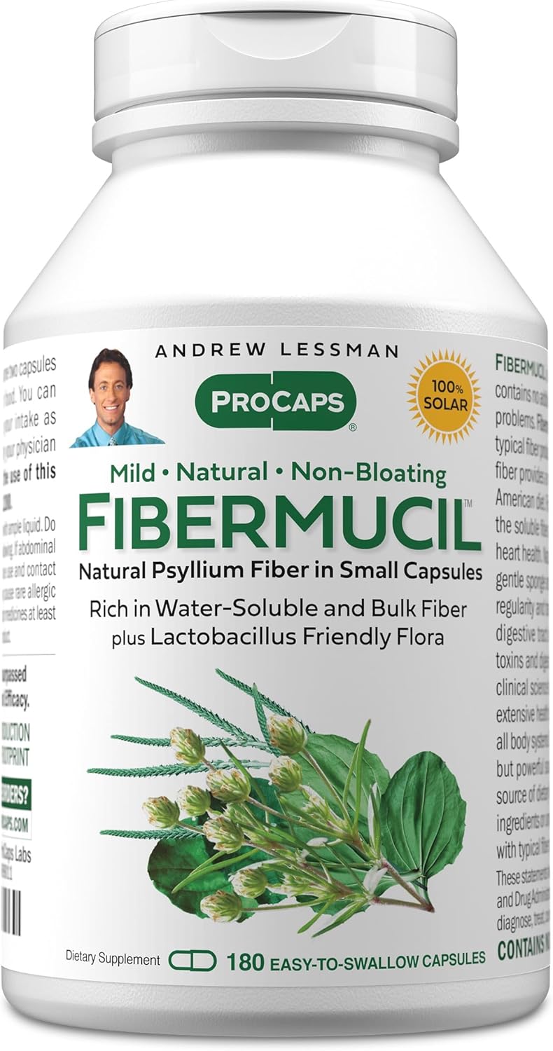 ANDREW LESSMAN Fibermucil 180 Capsules -Psyllium Husk Powder. Gently Promotes Regularity and Digestive Health. Rich in Fiber. Gentle, Easy, Effective. No Additives. Small Easy to Swallow Capsules