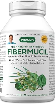 ANDREW LESSMAN Fibermucil 180 Capsules -Psyllium Husk Powder. Gently Promotes Regularity and Digestive Health. Rich in Fiber. Gentle, Easy, Effective. No Additives. Small Easy to Swallow Capsules