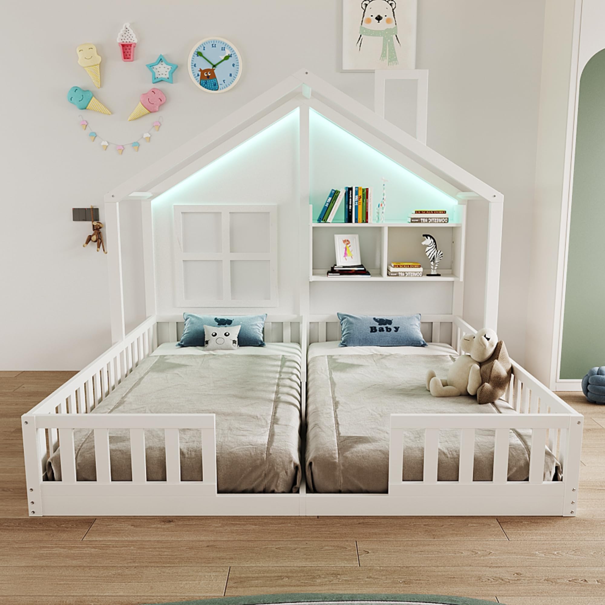 Lettino per Bambini 90×200 cm, Letto Matrimoniale Indipendente in Stile Casa, Funzione Atmosferica, Recinzione di Sicurezza e Superfici di Appoggio, Legno + MDF, Completo di Rete a Doghe per