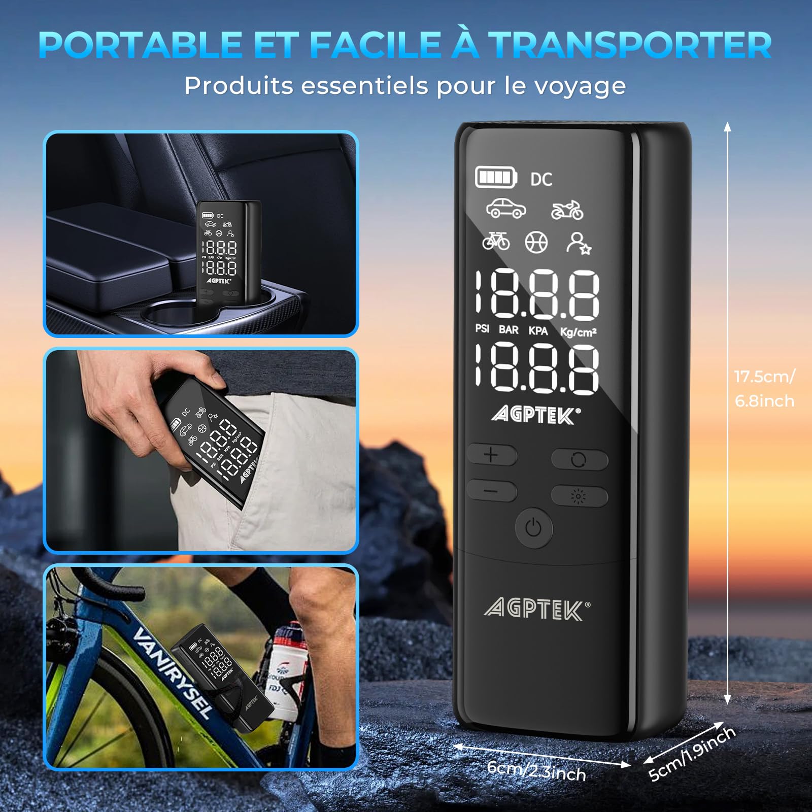 AGPTEK Mini Pompe à Voiture, Mini Compresseur à Air portatif, 7500mAh 12V DC, Portable Gonfleur Electrique pneus Voiture sans fil, 150PSI & 5 modes, LED et Arrêt auto pour les vélos, motos, balles