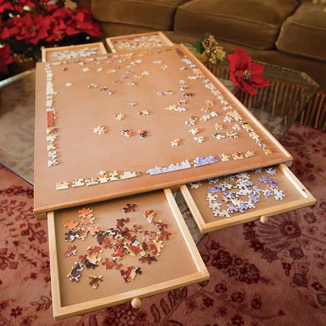 Bits and Pieces - Jumbo Size Wooden Puzzle Plateau-Smooth Fiberboard Work Surface - Four Sliding Drawers Complete This Puzzle Storage System