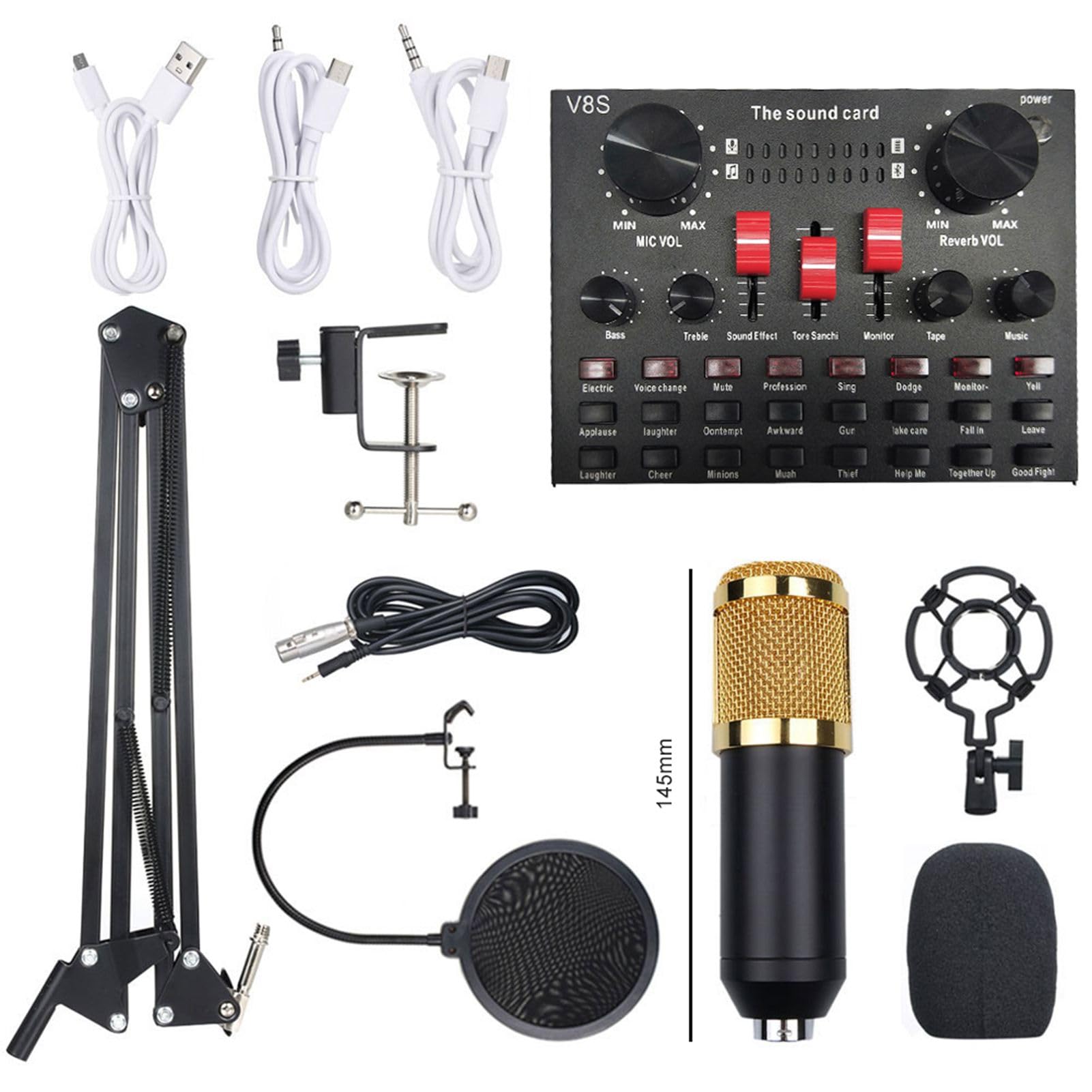 RiToEasysports BM800 Microphone, Live Sound Card Set with 16 Sound Effects and BT Function for Recording (Black & Gold)