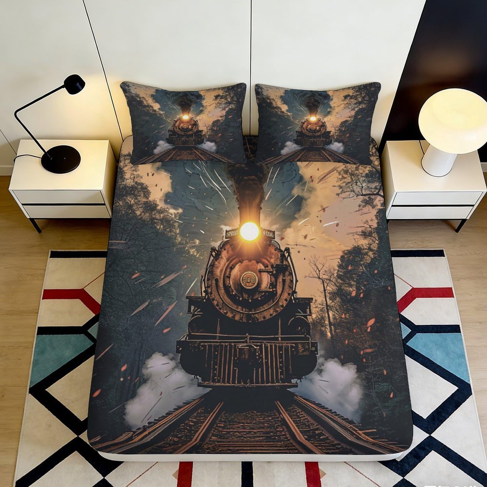 Pnayamiorkfel Style-8 3D Printed Steam Train Fitted Sheet Microfiber Soft Railway Bed Cover For Bedroom Guest Room Mattress Decor 90X200x25cm