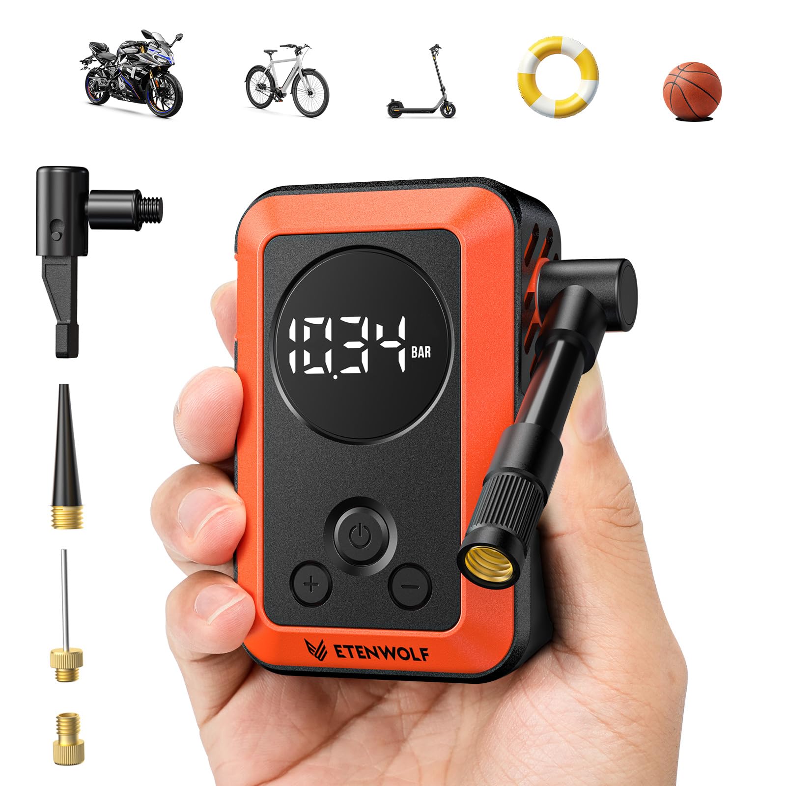 ETENWOLF Elektrische Fahrradpumpe,10,34 BAR Tragbare Reifenpumpe | Mit Presta&Schrader Ventil,Schnellbefüllung Sowie Auto-Stopp Luftpumpe,Mit Manometer Für Fahrräder,Mountainbike&Ball,Schwarz