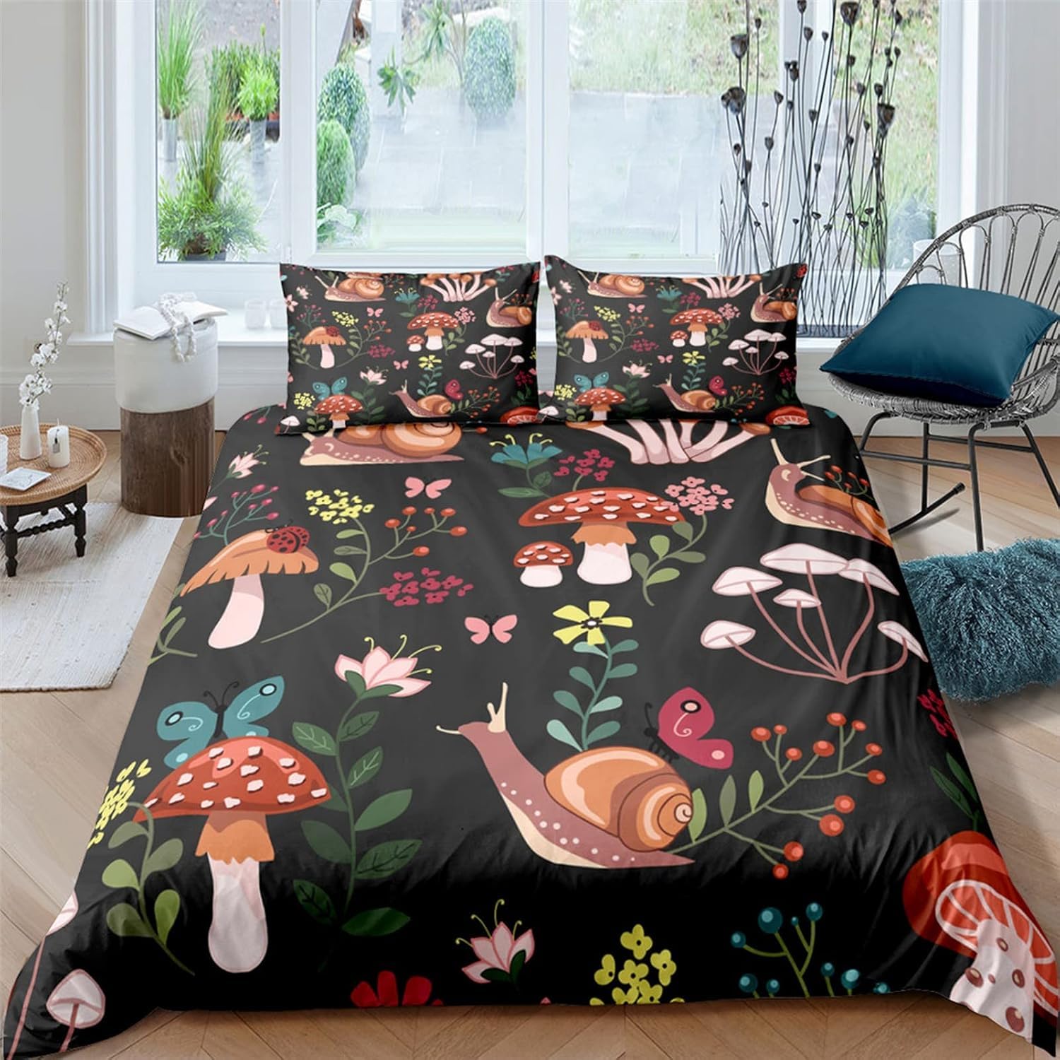 Housse de couette champignon 3D anti-glisse avec fermeture éclair facile 155x220