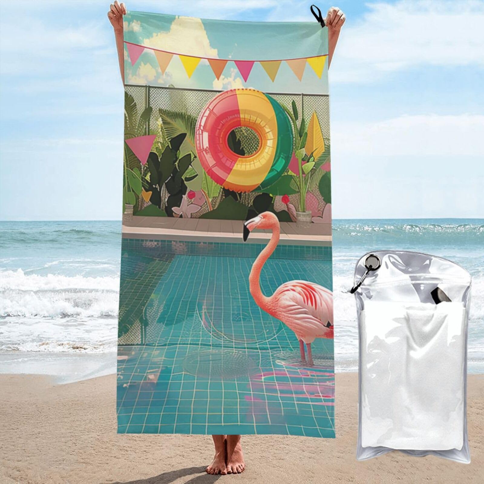 BWWHCCTI Flamingo and swimming pool Printed Microfiber Quick Dry Beach Towel 70x140 CM, Fast Drying Bath Towels with Bags for Travel,Camping,Gym,Beach,Swimming,Yoga