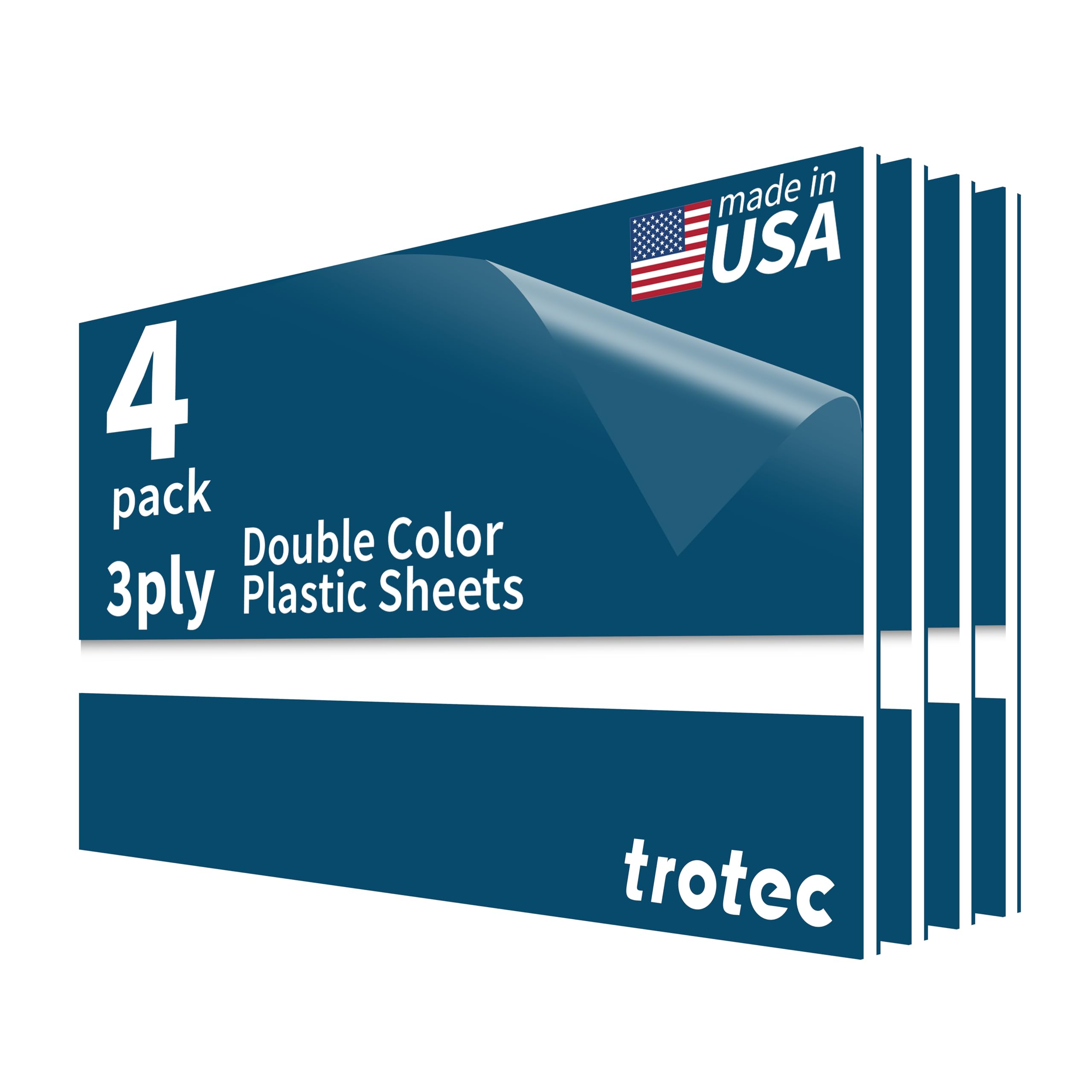 Trotec TroLase | 12"x24"x1/8", 4 Pcs | Blue/White/Blue | 3 Ply | Modified Acrylic | Laser Engraving Double Color Plastic Sheet | Engraving Blanks for
