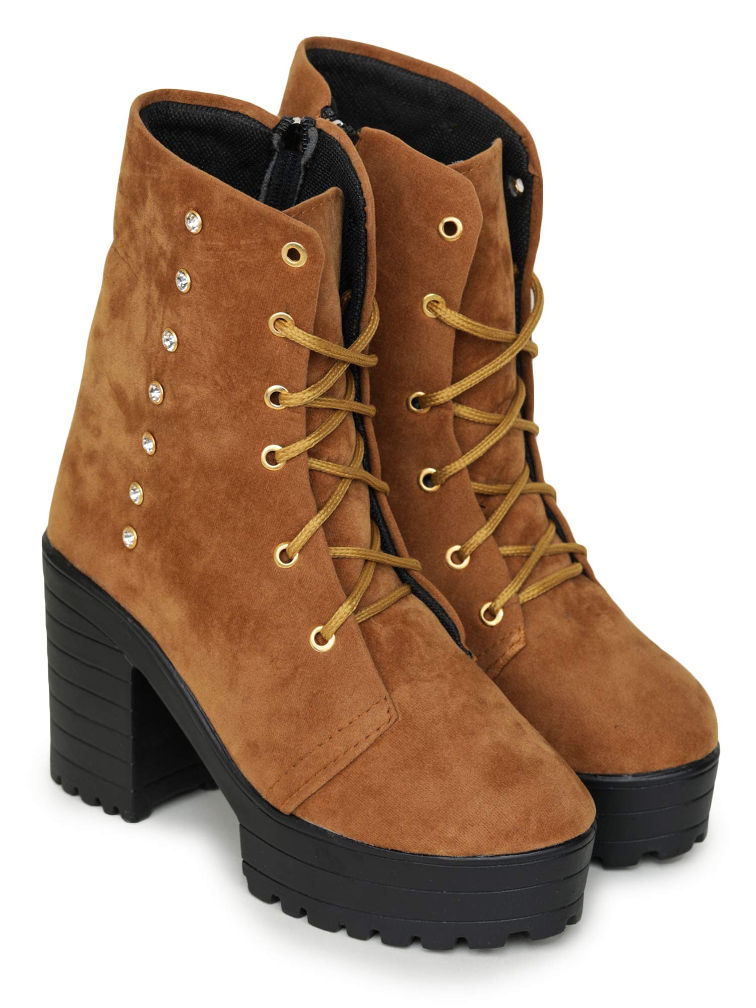 Cattails Side Studs Suede Lace up Calf Length Boots