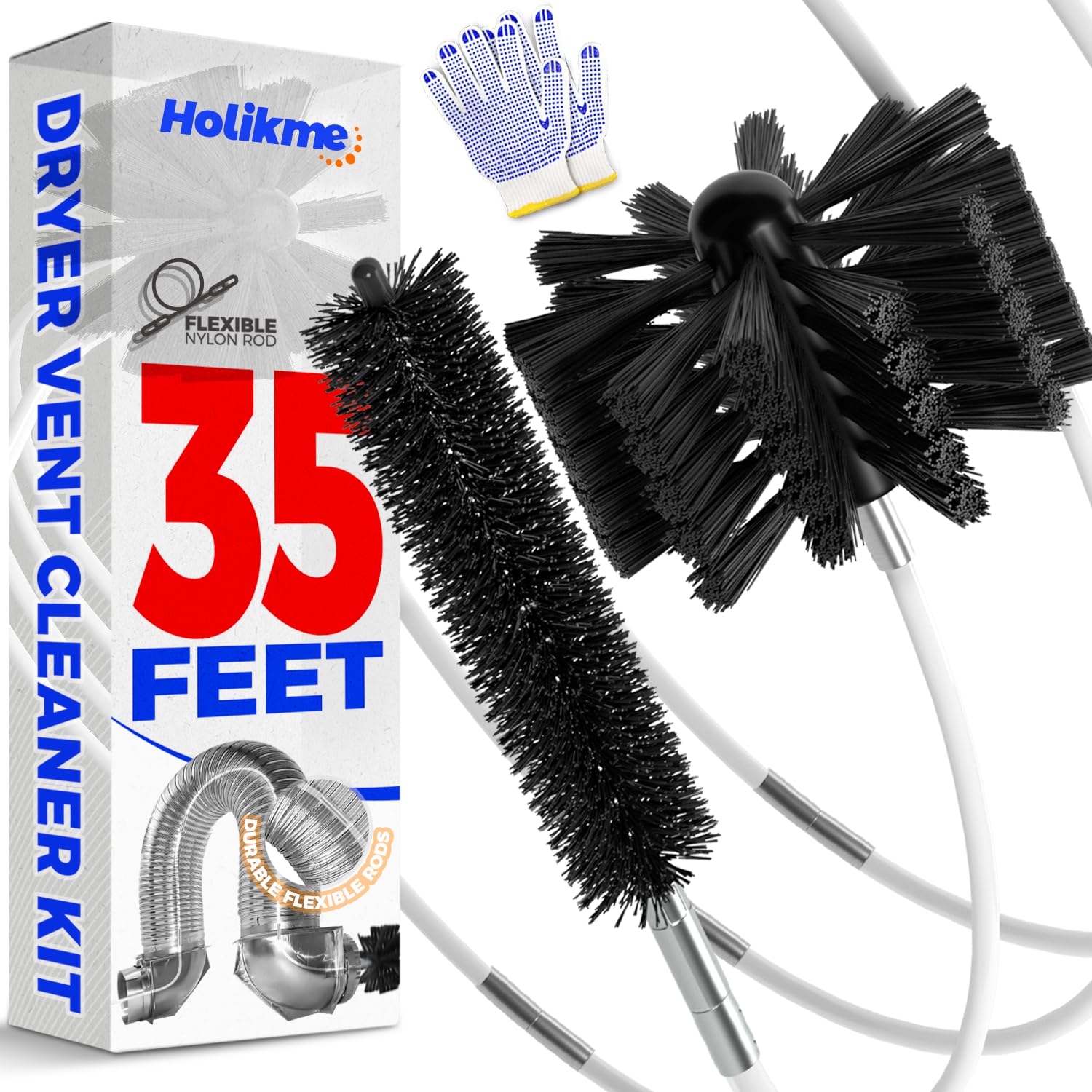 Holikme 35 Feet Dryer Vent Cleaning kit,Dryer Duct Cleaning kit,Lint Remover,Synthetic Brush Head, Use with or Without a Power Drill