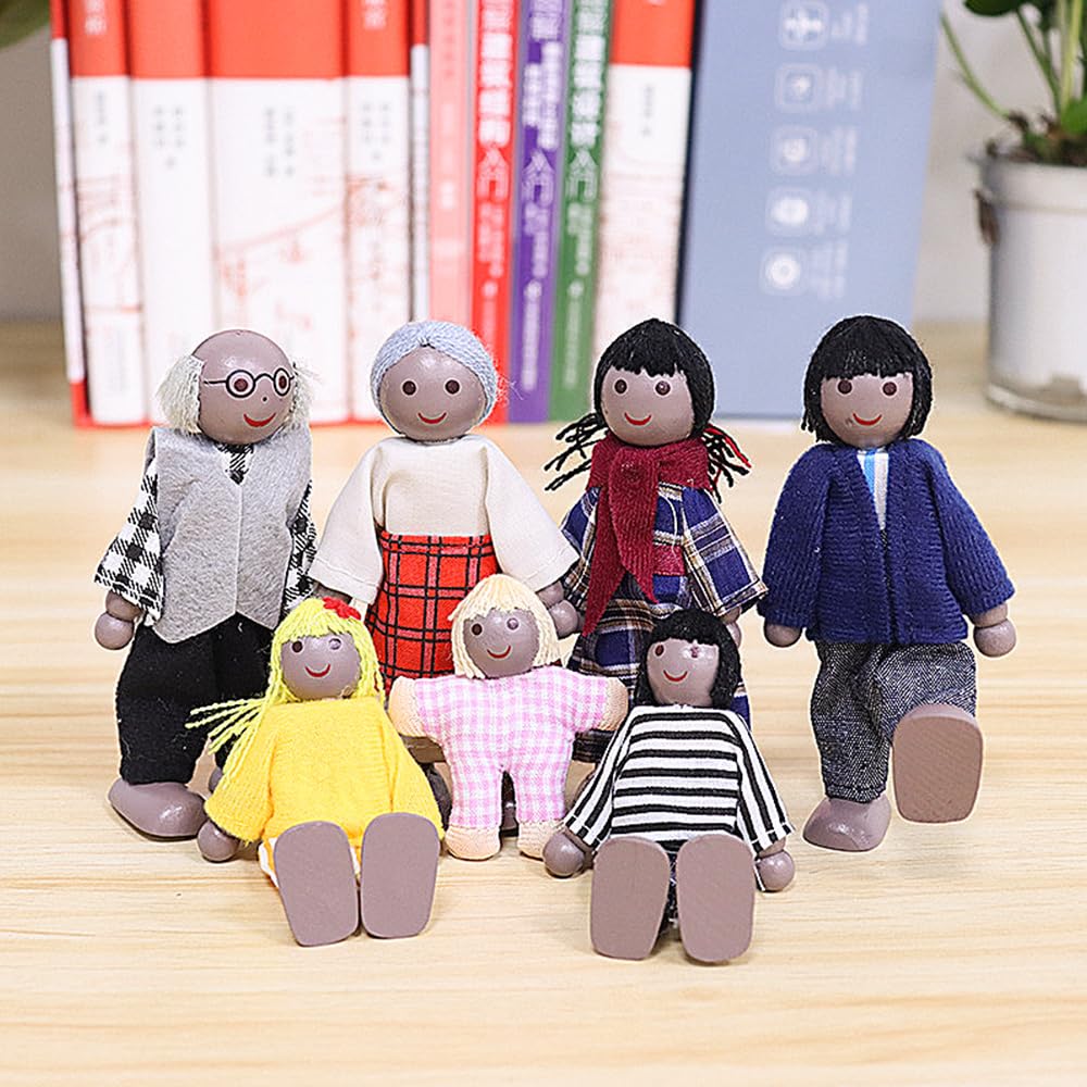 Sarini Set for Dolls House People Family of 7 Wooden Figure, Small Dolls for Girls Lovely Happy Family Dolls Playset Doll House - Image 4