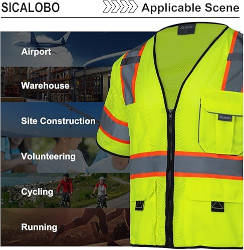Miniatura 6 de Chaleco de malla de seguridad de alta visibilidad para hombre con 10 bolsillos, chaleco reflectante Hi Vis, clase 3, ropa de trabajo con cremallera