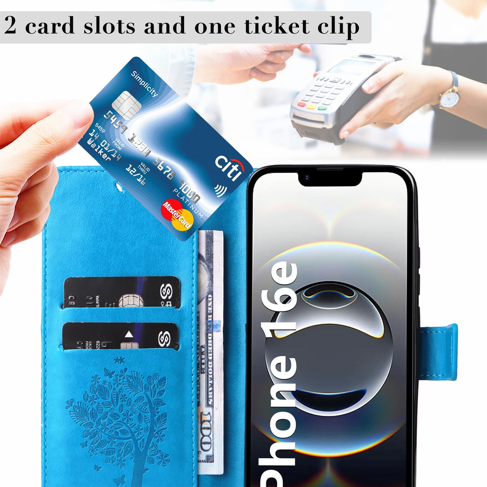 Cover per iPhone 16e Custodia Cover in Pelle Portafoglio a Libro con Pellicola Vetro Temperato Porta Carte Magnetica Cover Flip Case Cuoio Antiurto Custodia per iPhone 16e-Blu
