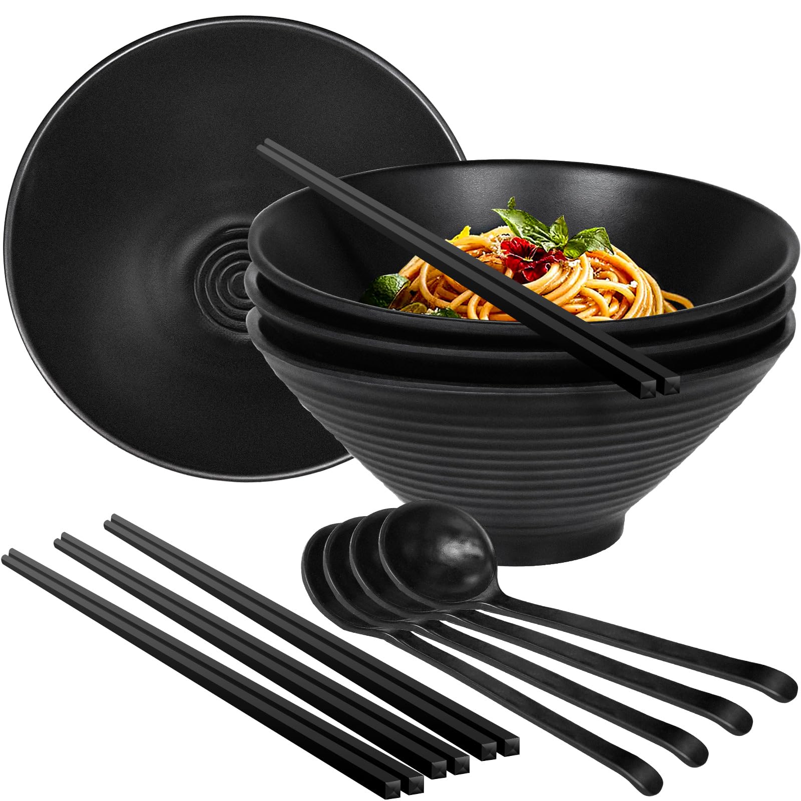 Greentainer Ensemble de 4 Grands Bols à Ramen (1600 ml) avec 4 Bagettes & Cuillères - Noir - Sans BPA, Incassables, Empilables et Lavables au Lave-Vaisselle